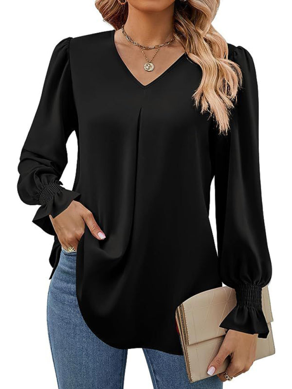 Blouses - Romantic V-Neck Chiffon Blouse with Ruffle Cuffs