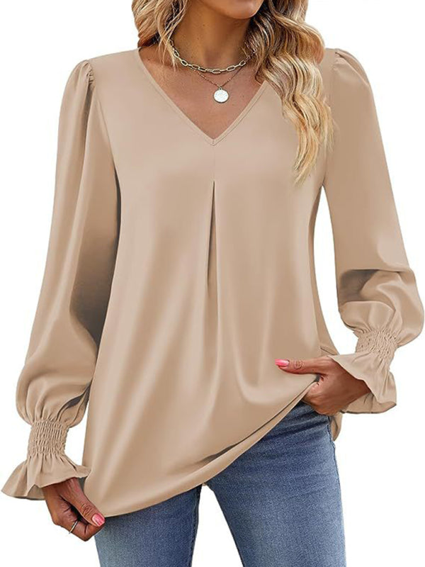 Blouses - Romantic V-Neck Chiffon Blouse with Ruffle Cuffs