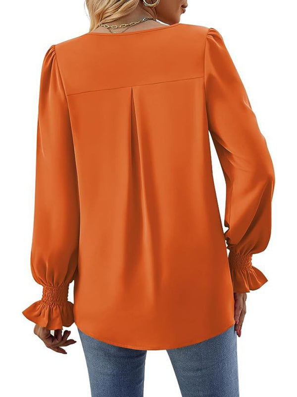 Blouses - Romantic V-Neck Chiffon Blouse with Ruffle Cuffs