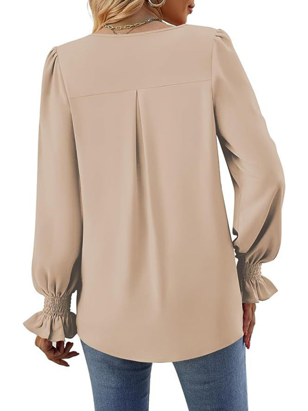 Blouses - Romantic V-Neck Chiffon Blouse with Ruffle Cuffs