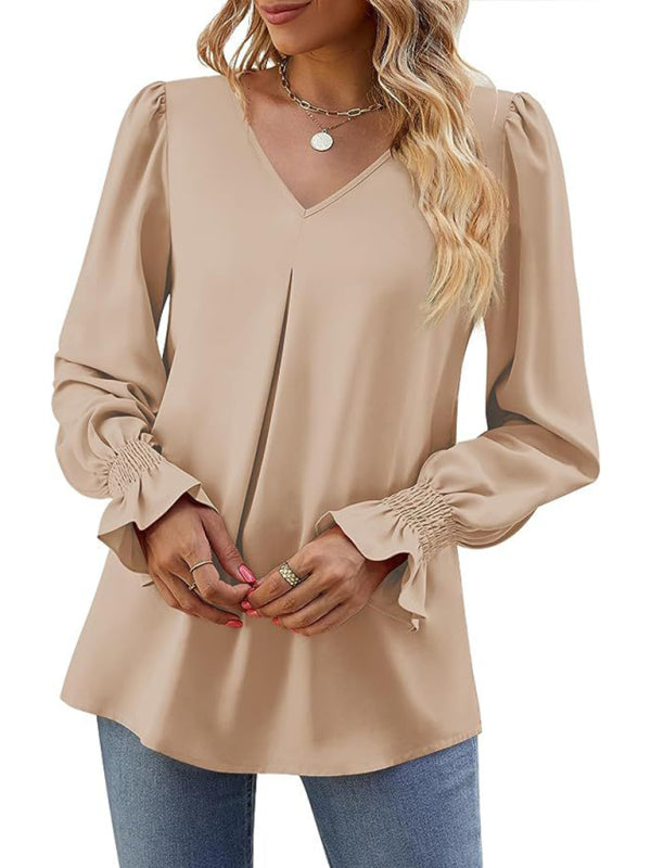 Blouses - Romantic V-Neck Chiffon Blouse with Ruffle Cuffs