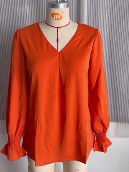 Blouses - Romantic V-Neck Chiffon Blouse with Ruffle Cuffs