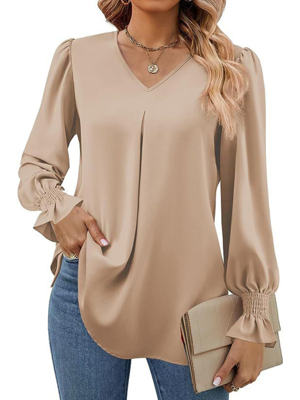 Blouses - Romantic V-Neck Chiffon Blouse with Ruffle Cuffs