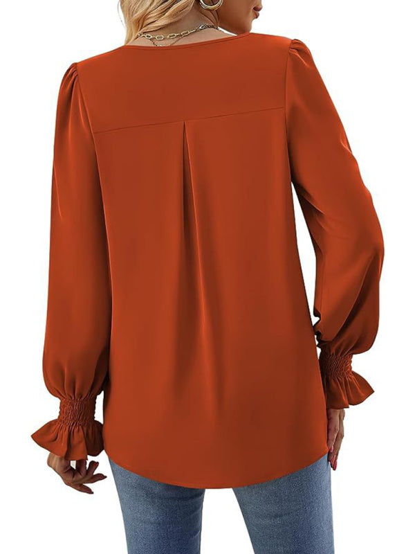 Blouses - Romantic V-Neck Chiffon Blouse with Ruffle Cuffs