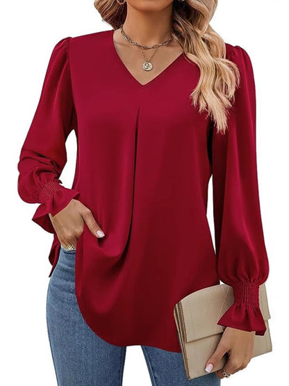 Blouses - Romantic V-Neck Chiffon Blouse with Ruffle Cuffs