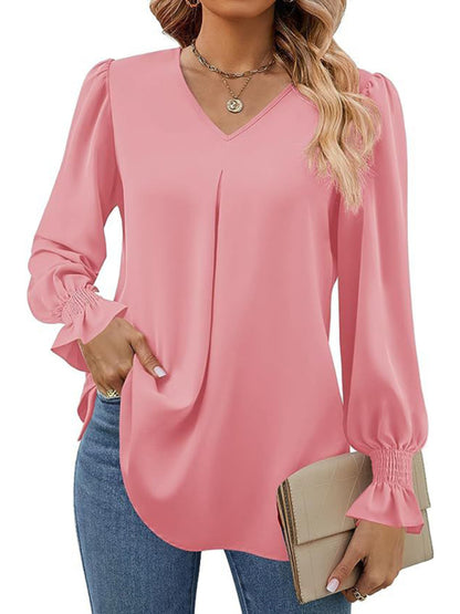 Blouses - Romantic V-Neck Chiffon Blouse with Ruffle Cuffs