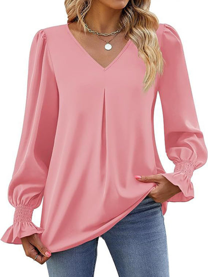 Blouses - Romantic V-Neck Chiffon Blouse with Ruffle Cuffs