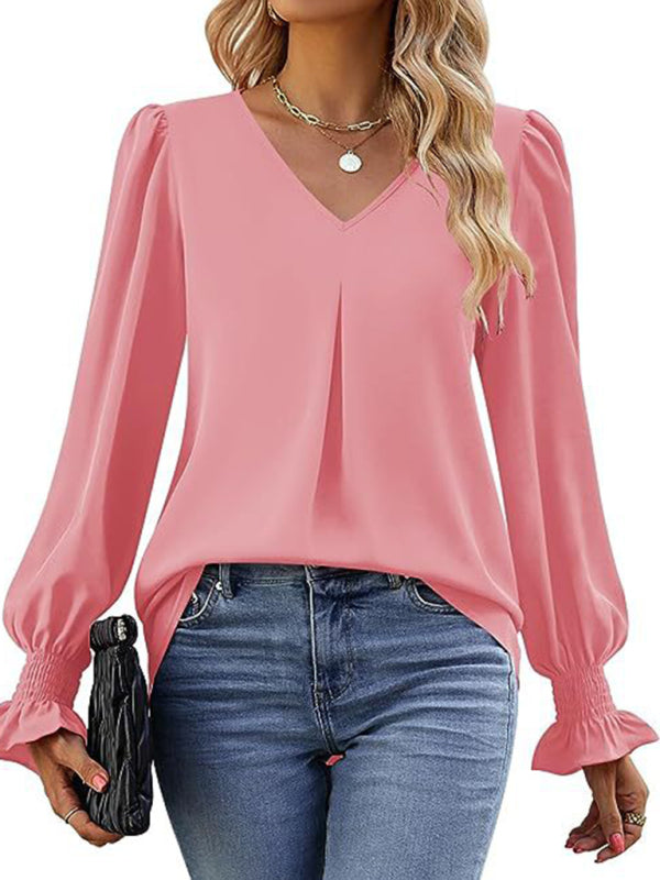 Blouses - Romantic V-Neck Chiffon Blouse with Ruffle Cuffs