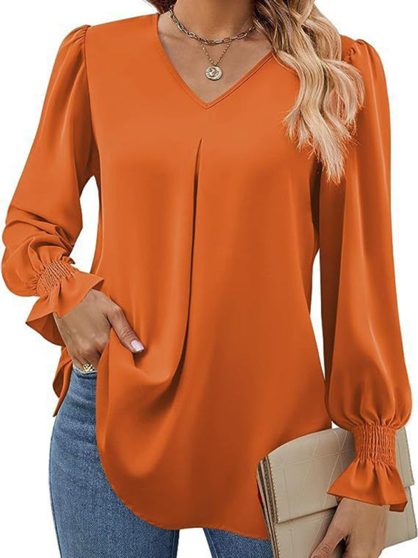 Blouses - Romantic V-Neck Chiffon Blouse with Ruffle Cuffs