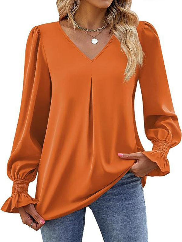 Blouses - Romantic V-Neck Chiffon Blouse with Ruffle Cuffs