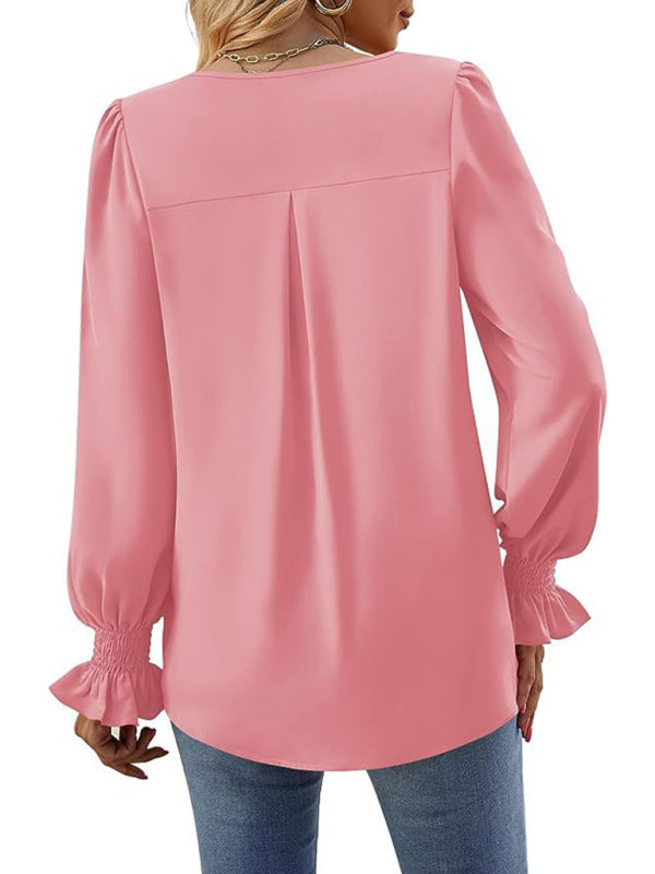 Blouses - Romantic V-Neck Chiffon Blouse with Ruffle Cuffs