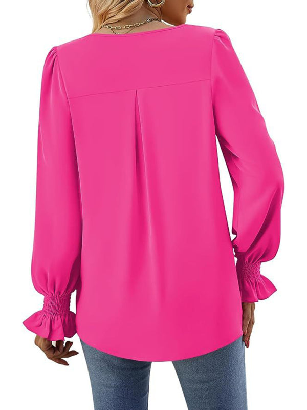 Blouses - Romantic V-Neck Chiffon Blouse with Ruffle Cuffs