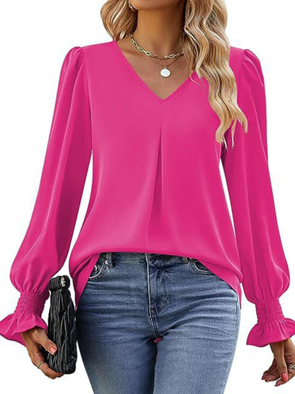 Blouses - Romantic V-Neck Chiffon Blouse with Ruffle Cuffs