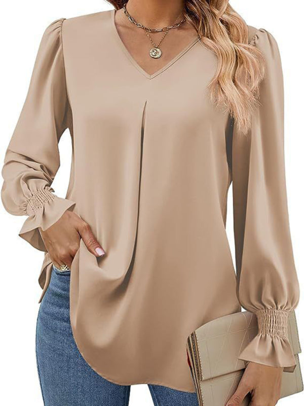 Blouses - Romantic V-Neck Chiffon Blouse with Ruffle Cuffs