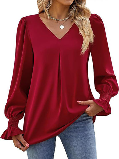 Blouses - Romantic V-Neck Chiffon Blouse with Ruffle Cuffs