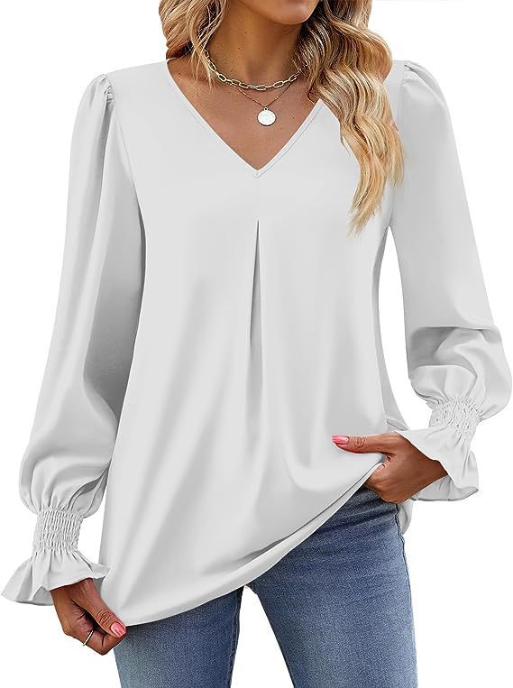 Blouses - Romantic V-Neck Chiffon Blouse with Ruffle Cuffs