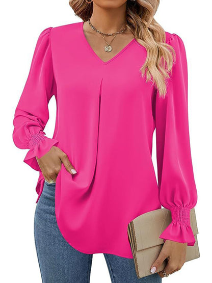 Blouses - Romantic V-Neck Chiffon Blouse with Ruffle Cuffs