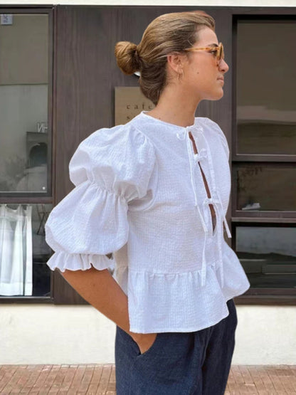 Chemisier à carreaux à manches lanternes pour femmes romantiques en coton vichy