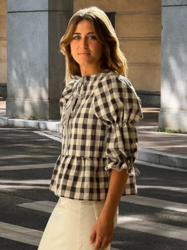 Romantic Women's Lantern Sleeve Plaid Blouse in Gingham Cotton