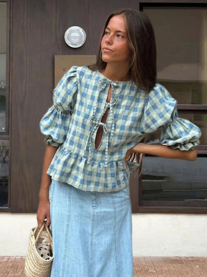 Romantic Women's Lantern Sleeve Plaid Blouse in Gingham Cotton