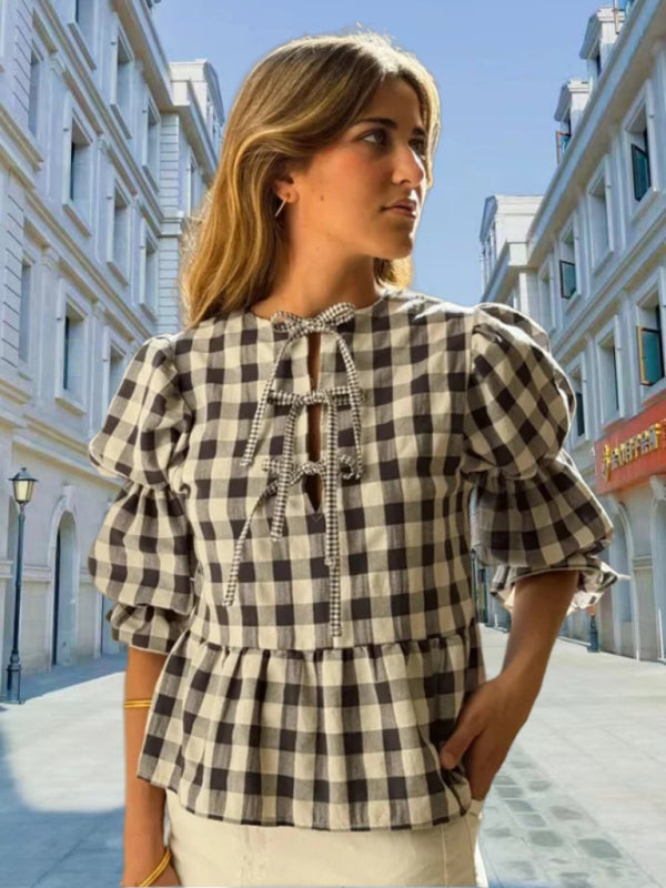 Romantic Women's Lantern Sleeve Plaid Blouse in Gingham Cotton