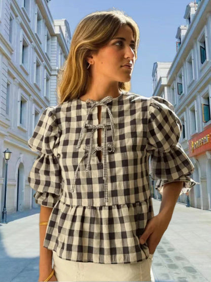 Romantic Women's Lantern Sleeve Plaid Blouse in Gingham Cotton