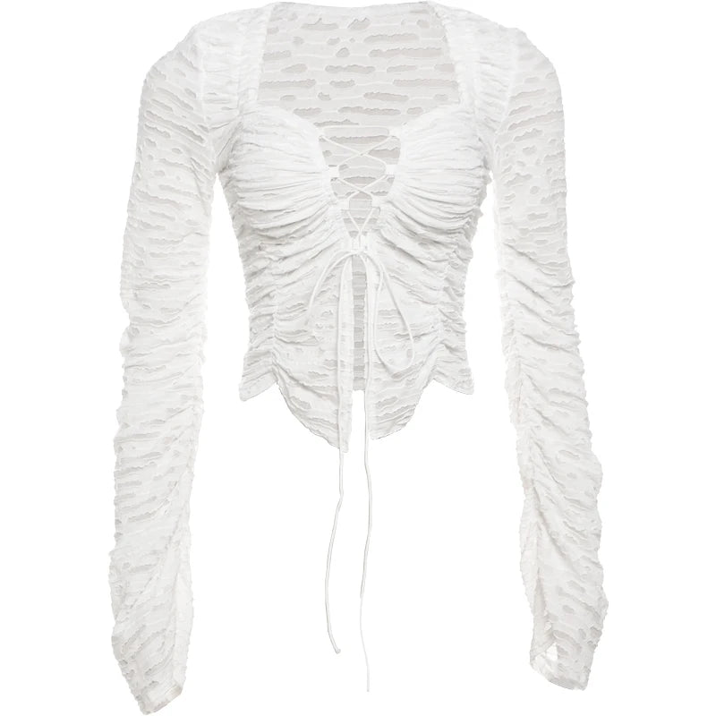 Blouses - Ruched Lace-Up Top Cropped Blouse with Long Sleeves