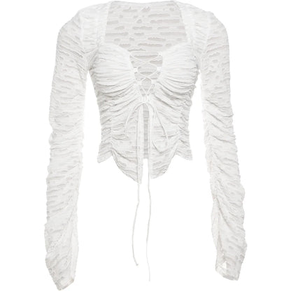 Blouses - Ruched Lace-Up Top Cropped Blouse with Long Sleeves