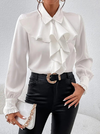 Blouses - Ruffle Front Blouse Long Sleeve Women Shirt for Business