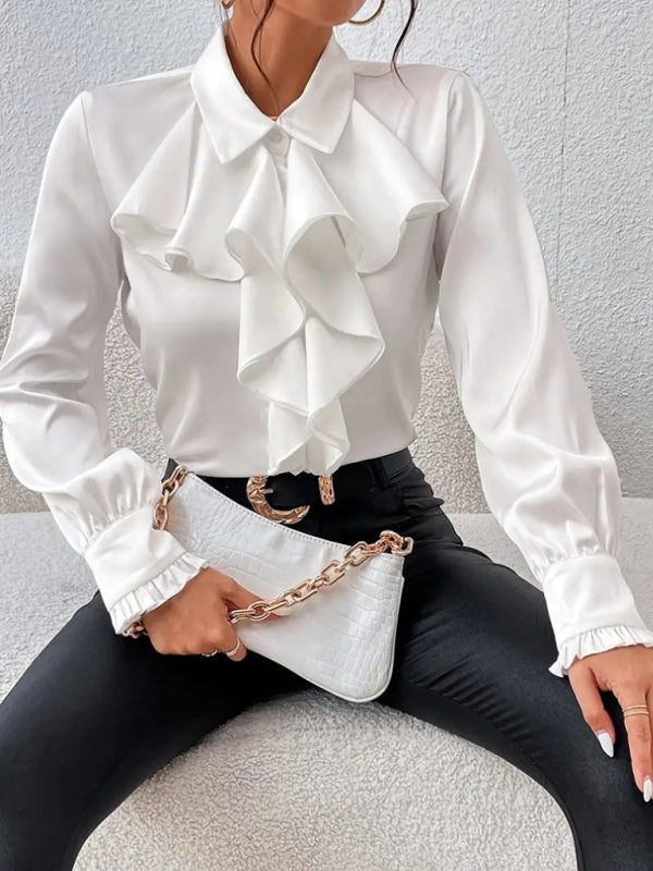 Blouses - Ruffle Front Blouse Long Sleeve Women Shirt for Business