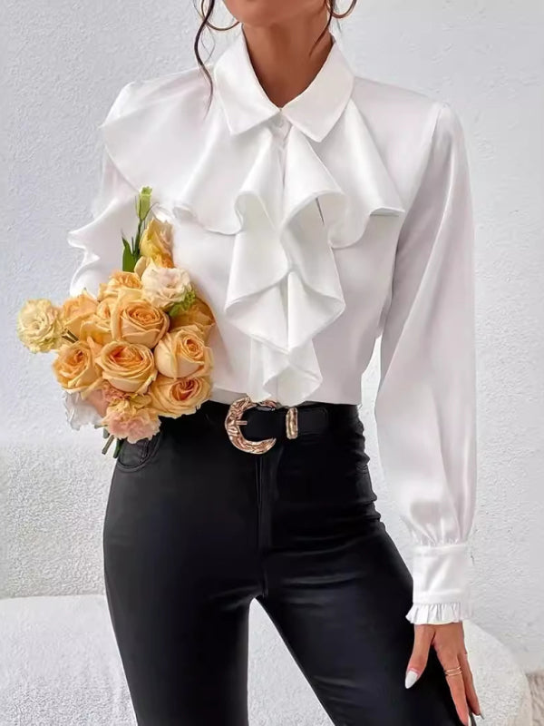 Blouses - Ruffle Front Blouse Long Sleeve Women Shirt for Business