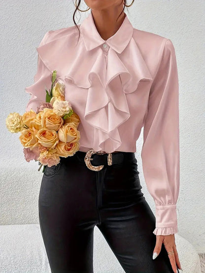 Blouses - Ruffle Front Blouse Long Sleeve Women Shirt for Business