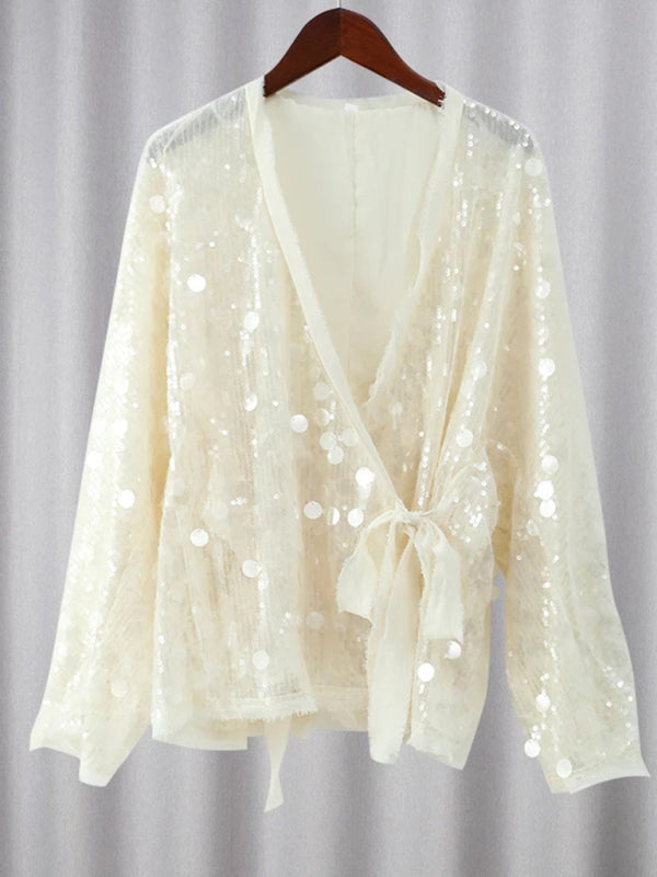 Blouses - Sequin Wrap Blouse Sparkle Surplice