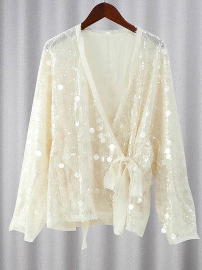 Blouses - Sequin Wrap Blouse Sparkle Surplice