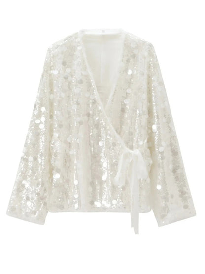 Blouses - Sequin Wrap Blouse Sparkle Surplice