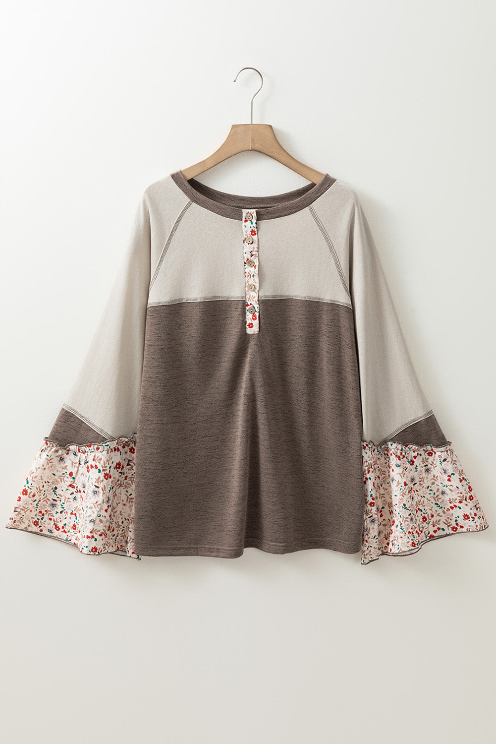 Blouses & Shirts - Flared Floral Sleeves Patchwork Henley Top for Cozy Fall Days