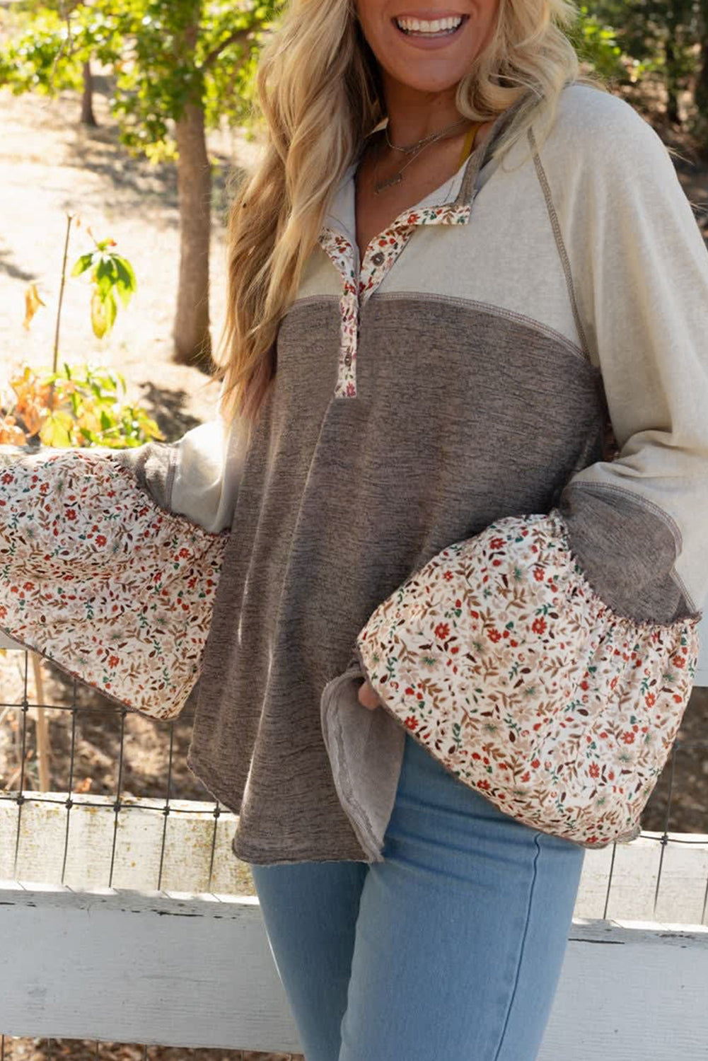 Blouses & Shirts - Flared Floral Sleeves Patchwork Henley Top for Cozy Fall Days