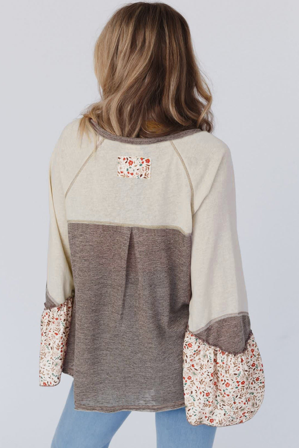 Blouses & Shirts - Flared Floral Sleeves Patchwork Henley Top for Cozy Fall Days