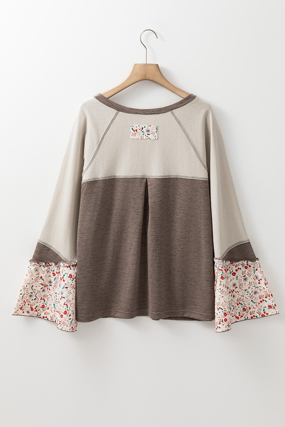 Blouses & Shirts - Flared Floral Sleeves Patchwork Henley Top for Cozy Fall Days