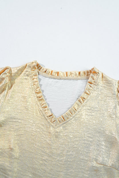 Blouses & Shirts - Metallic Frilled V-Neck Blouse Sparkle Top