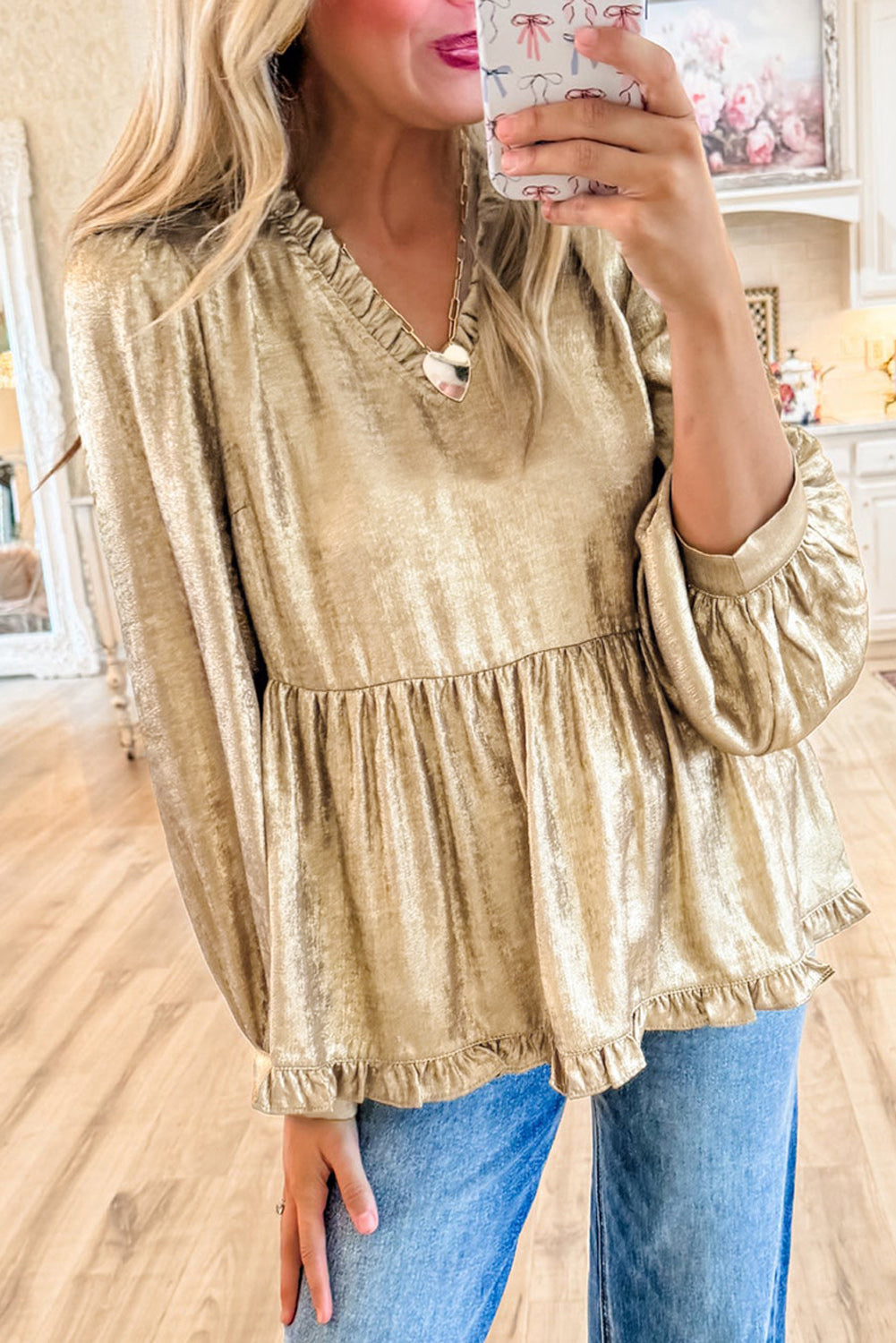 Blouses & Shirts - Metallic Frilled V-Neck Blouse Sparkle Top