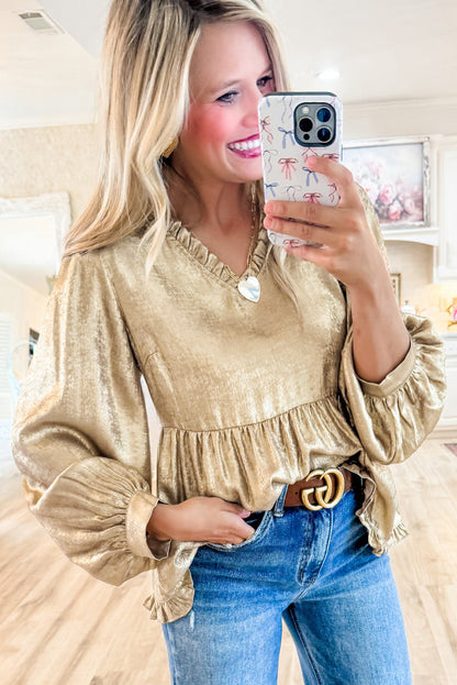 Blouses & Shirts - Metallic Frilled V-Neck Blouse Sparkle Top