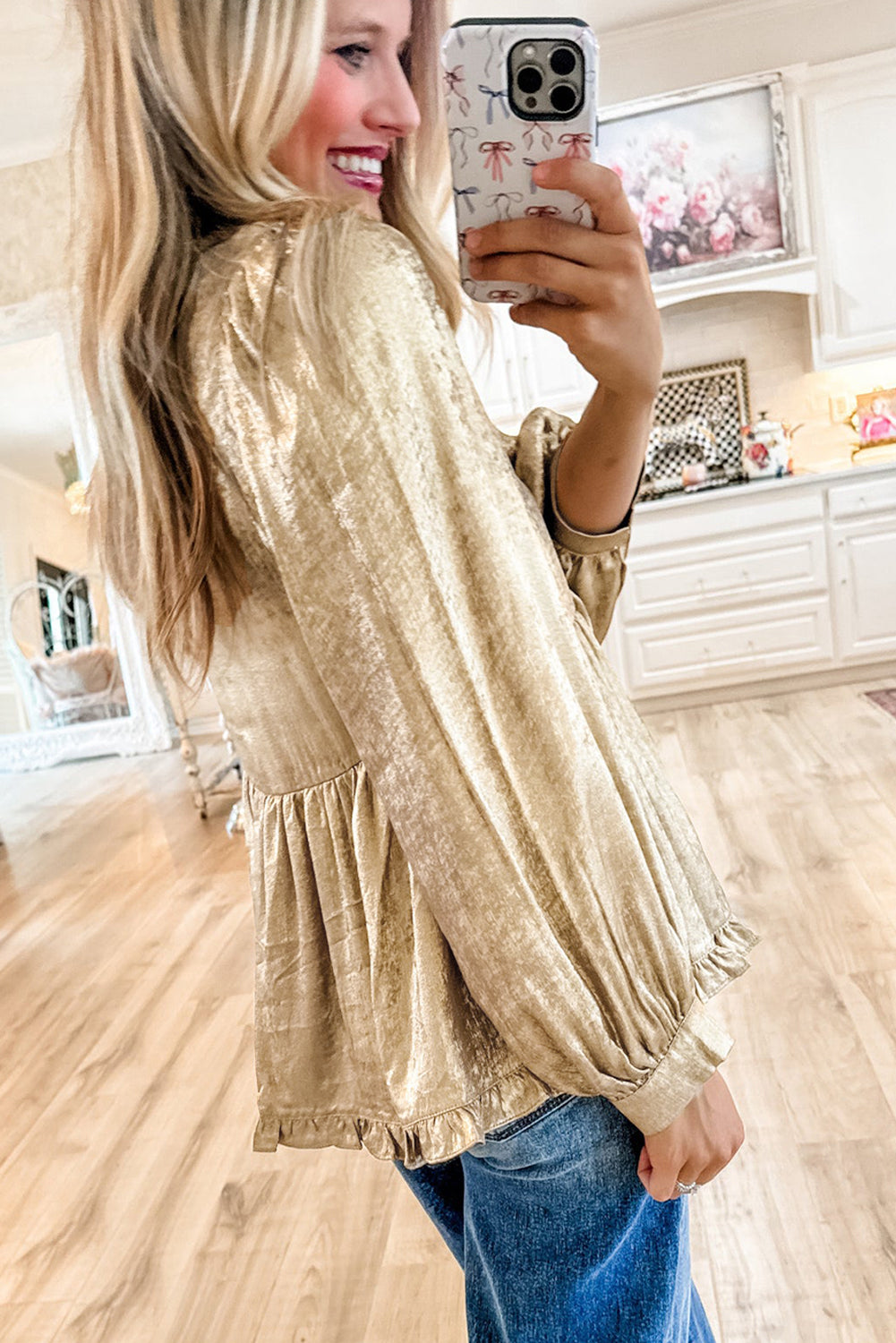 Blouses & Shirts - Metallic Frilled V-Neck Blouse Sparkle Top