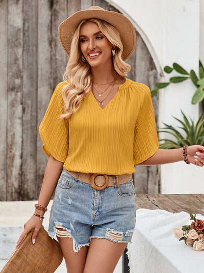 Blouses- Short Sleeve Blouse Textured Cold-Shoulder Blouse- - Pekosa Women Fashion