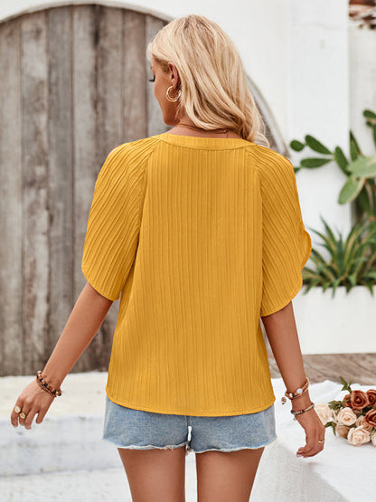 Blouses- Short Sleeve Blouse Textured Cold-Shoulder Blouse- - Pekosa Women Fashion