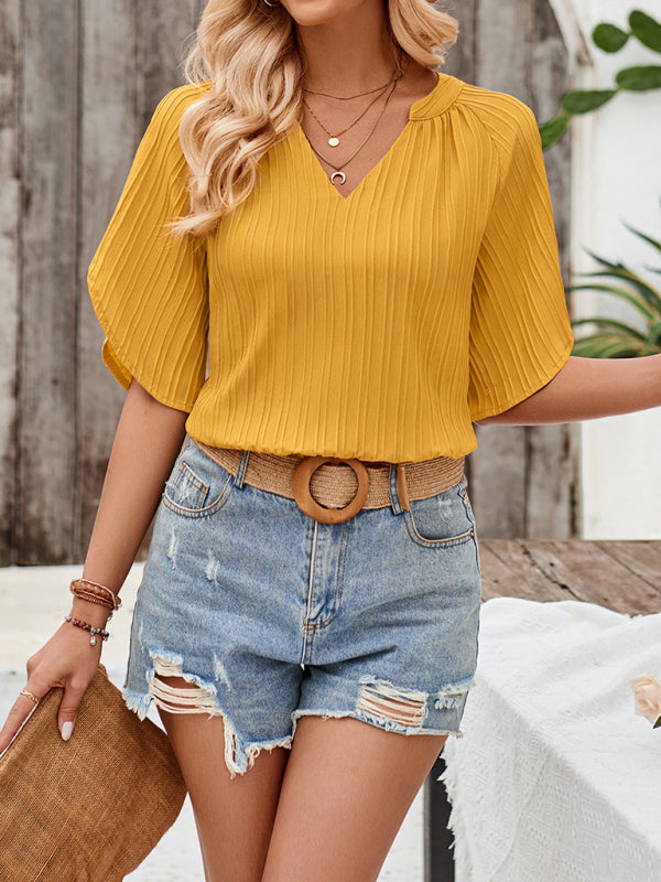 Blouses- Short Sleeve Blouse Textured Cold-Shoulder Blouse- Yellow- Pekosa Women Fashion