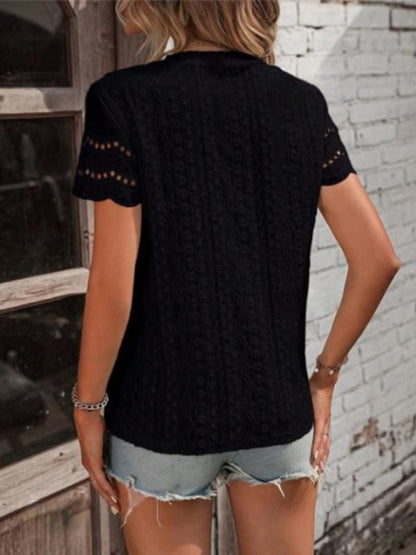 Short Sleeve Blouse Women's Textured Eyelet Crew Neck Top