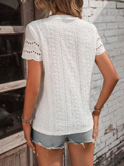 Short Sleeve Blouse Women's Textured Eyelet Crew Neck Top