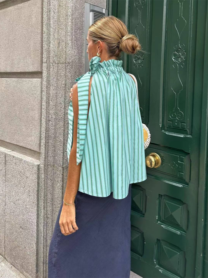 Sleeveless Ruffle Collar Blouse with Fancy Stripes - Bowknot Side Top