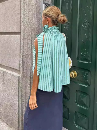 Blouse sans manches à col volanté et rayures fantaisie - Top latéral avec nœud papillon